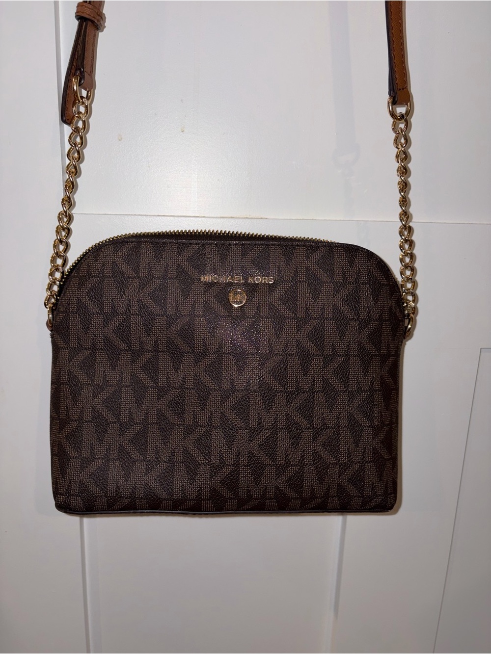 Michael Kors Brown MK Dome Crossbody with Gold Chain